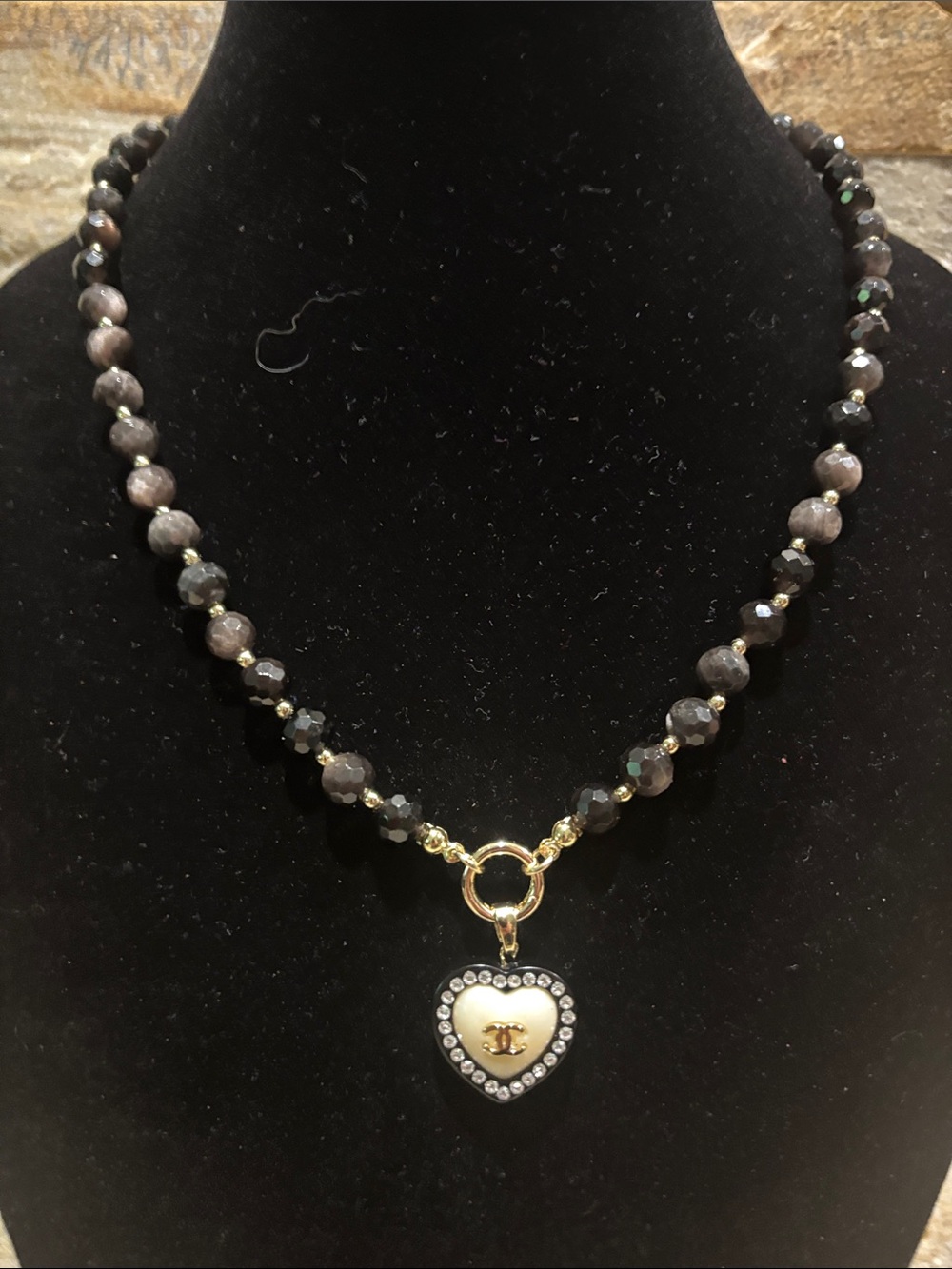 Gold Heart Pendant Necklace with Natural Stone Black Beaded Chain